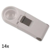White, round lens hand held magnifier with grey on/off switch on rectangular handle labeled 14x.