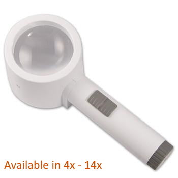 White, round lens stand magnifier with cylindrical handle grey on/off switch and grey battery port. Available in 4x-14x.