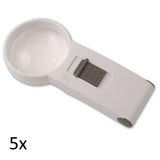 White, round lens hand held magnifier with grey on/off switch on rectangular handle labeled 5x.