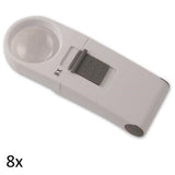 White, round lens hand held magnifier with grey on/off switch on rectangular handle labeled 8x.