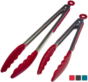 2 Red and silver silicone kitchen tongs, one long one shorter shown open on white background.