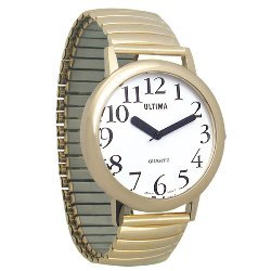 Unisex gold low vision watch with white clockface and large, bold, black numbers and hands.