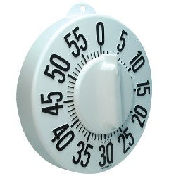 White, circular timer with large, bold, black numbers and white dial. 