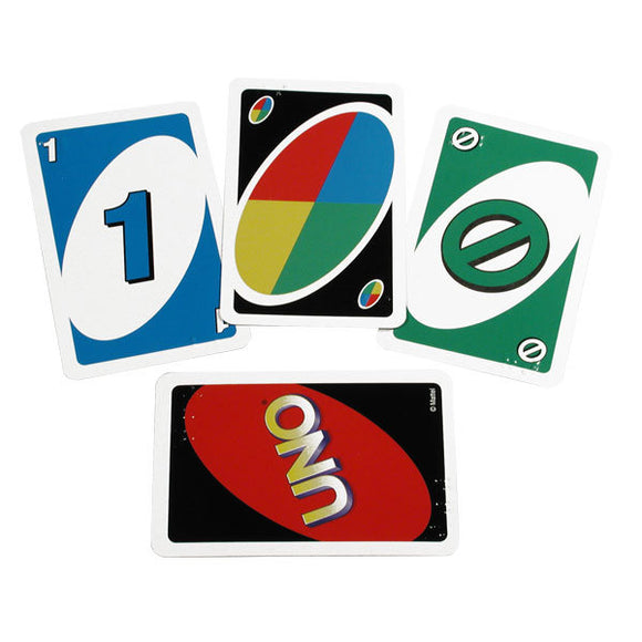 image of 3 face up braille UNO cards and one face down on white background.