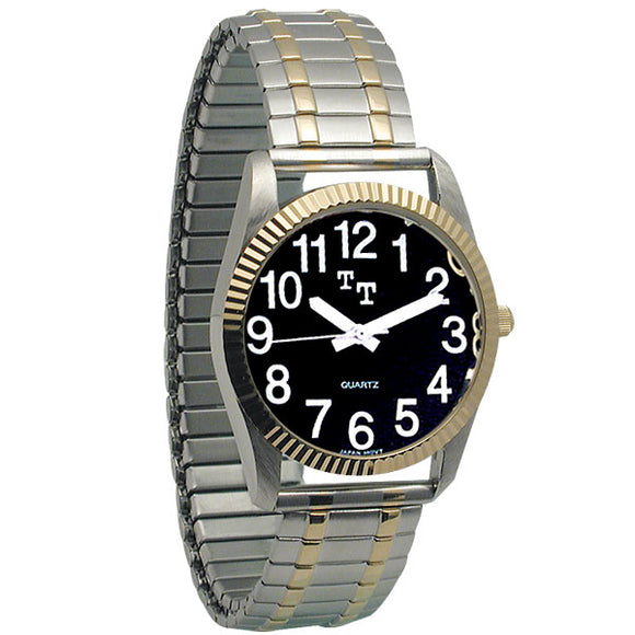 Silver and gold men's talking watch with black clock face and bold white numbers and hands.