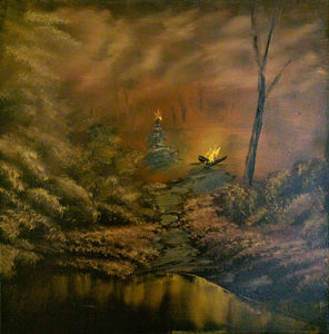 Painting of a decorated pine tree in the woods next to a campfire.