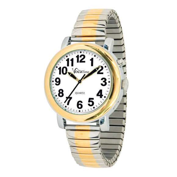 Men's silver and gold talking watch with white face and large, bold, black numbers and hands.