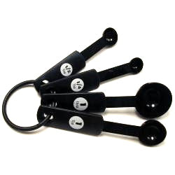 Black set of 4 measuring spoons with bold, black numbers against white  on the handles against a white background to show high contrast. 