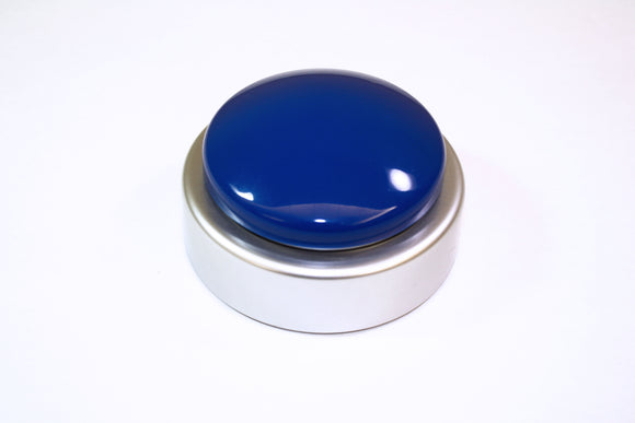 One tap talking clock is a big, round blue button on a silver base. 
