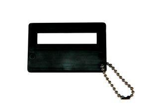 Black, rectangular signature guide attached to chain against white background to show high contrast.