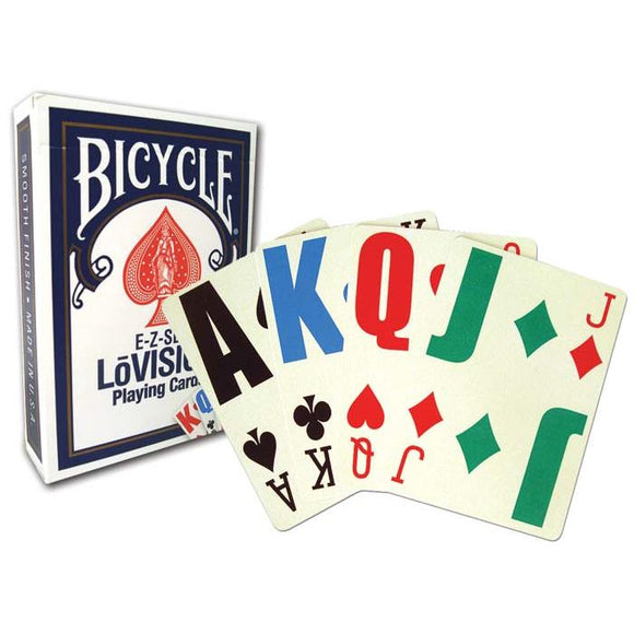 Package of EZ See multi-color playing cards shown next to a hand of 4, multi colored cards.