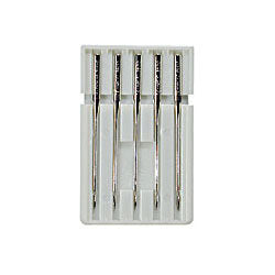 Pack of 5 self-threading sewing machine needles in grey case on white background.