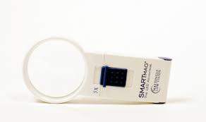 image of white 5x SMARTMag with round lens, dark blue on/off switch on handle with the Mattingly logo 